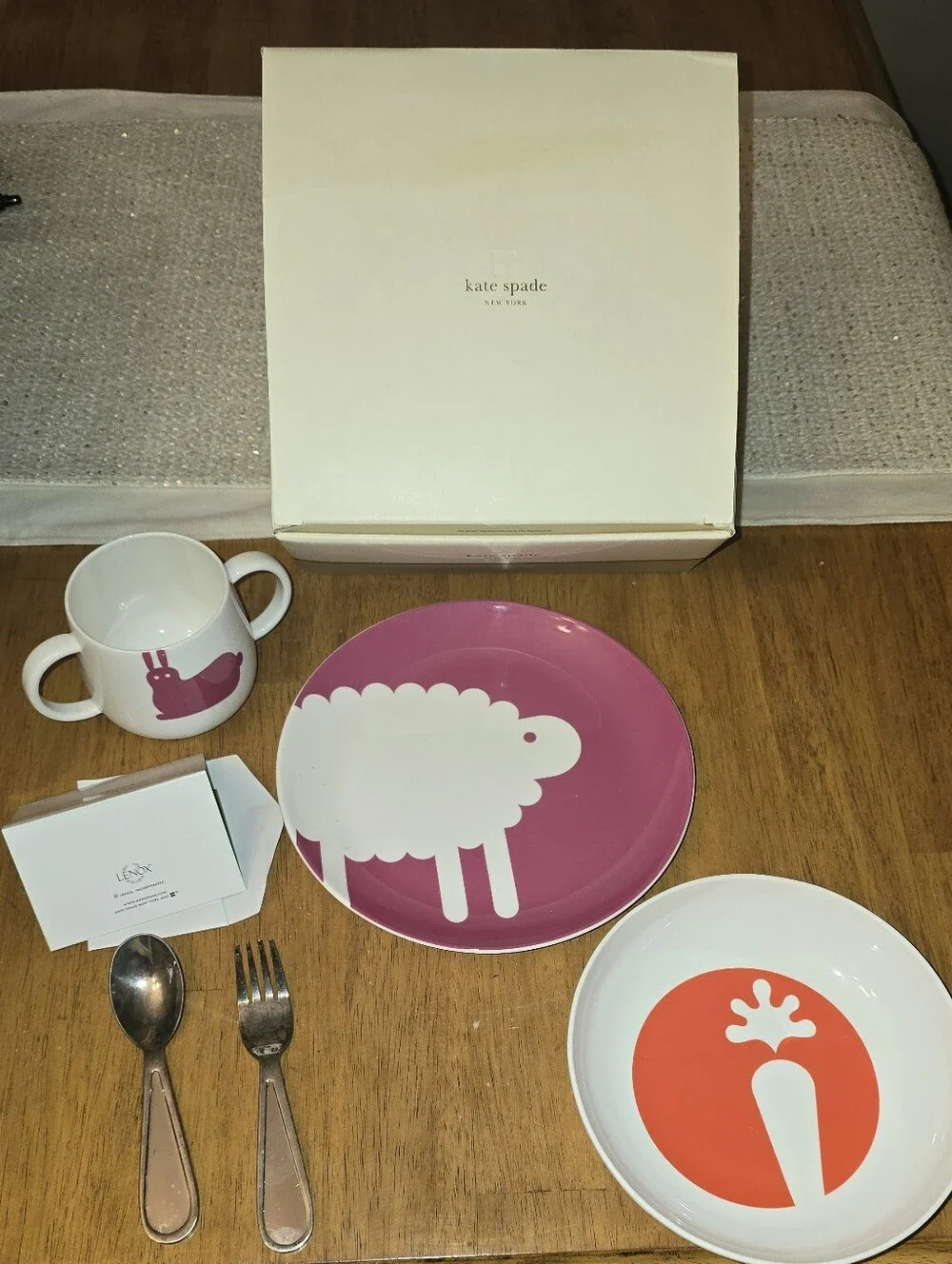 Kate Spade New York Lenox Crunch Bunch Baby Feeding Set 5pc Plate Bowl Mug Silve